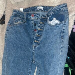 WeWoreWhat High Rise Blue Jeans with Button Detail